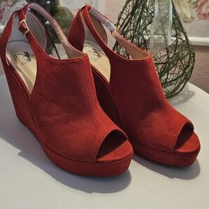 Red Suede Wedge Platform Heels 9